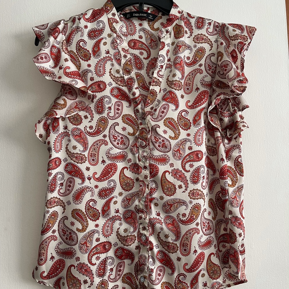 Zara Basic Print Button Front Blouse Ruffle Sleev… - image 4